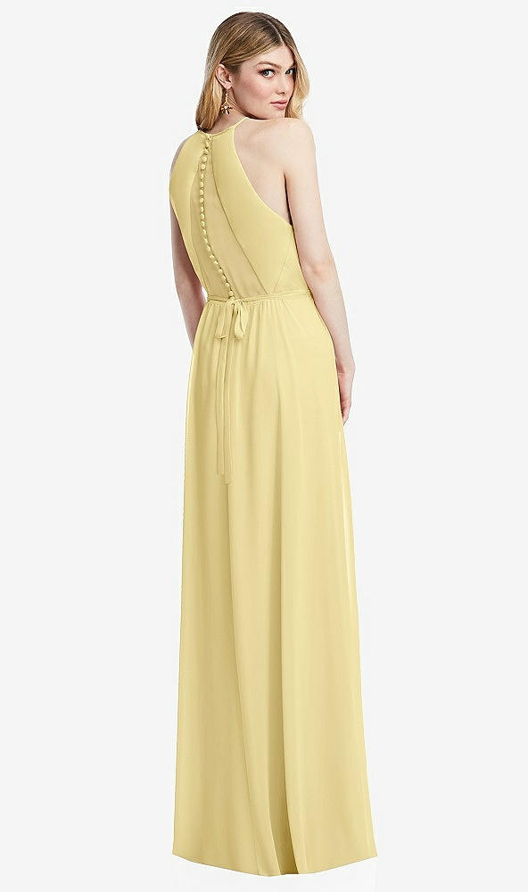 Back View - Pale Yellow Illusion Back Halter Maxi Dress with Covered Button Detail