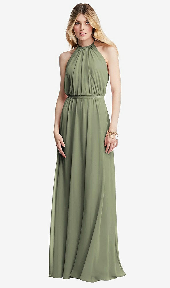 Front View - Sage Illusion Back Halter Maxi Dress with Covered Button Detail