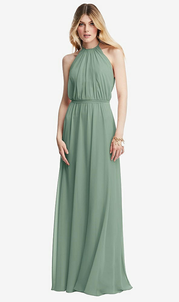 Front View - Seagrass Illusion Back Halter Maxi Dress with Covered Button Detail