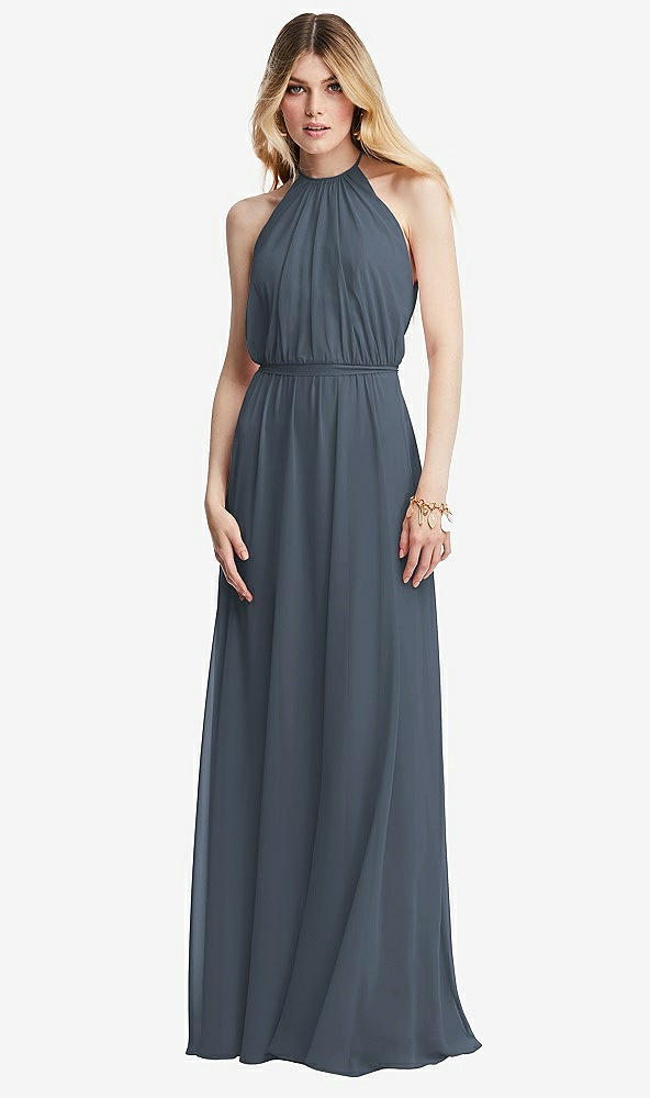 Front View - Silverstone Illusion Back Halter Maxi Dress with Covered Button Detail