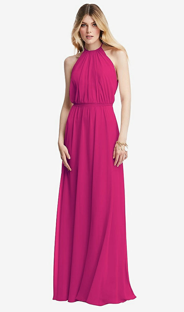 Front View - Think Pink Illusion Back Halter Maxi Dress with Covered Button Detail