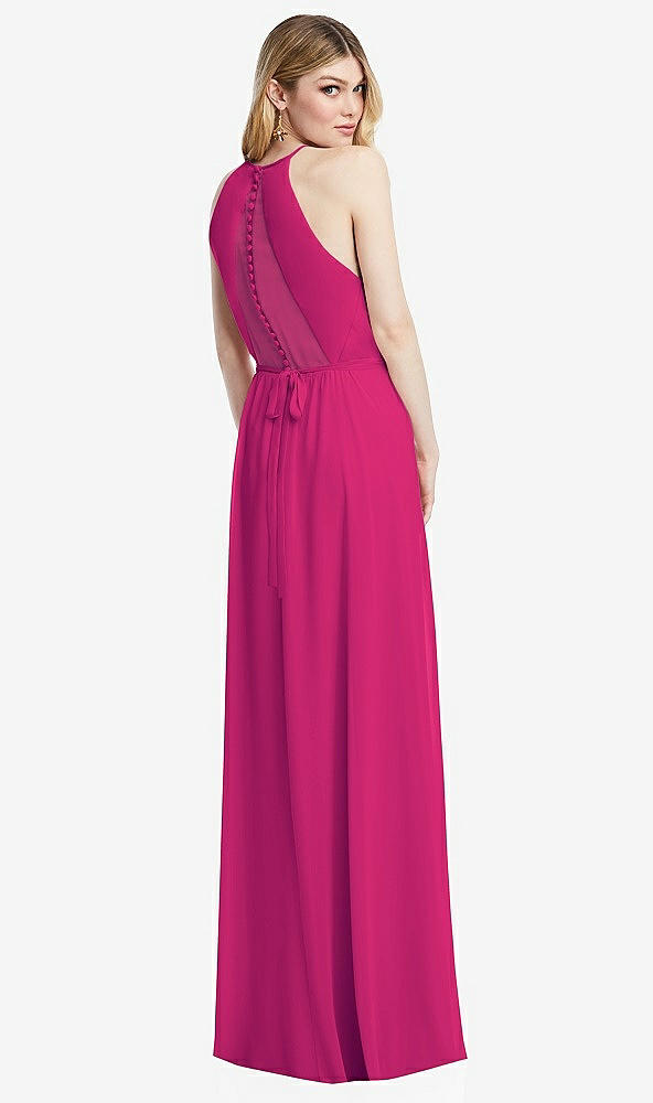 Back View - Think Pink Illusion Back Halter Maxi Dress with Covered Button Detail