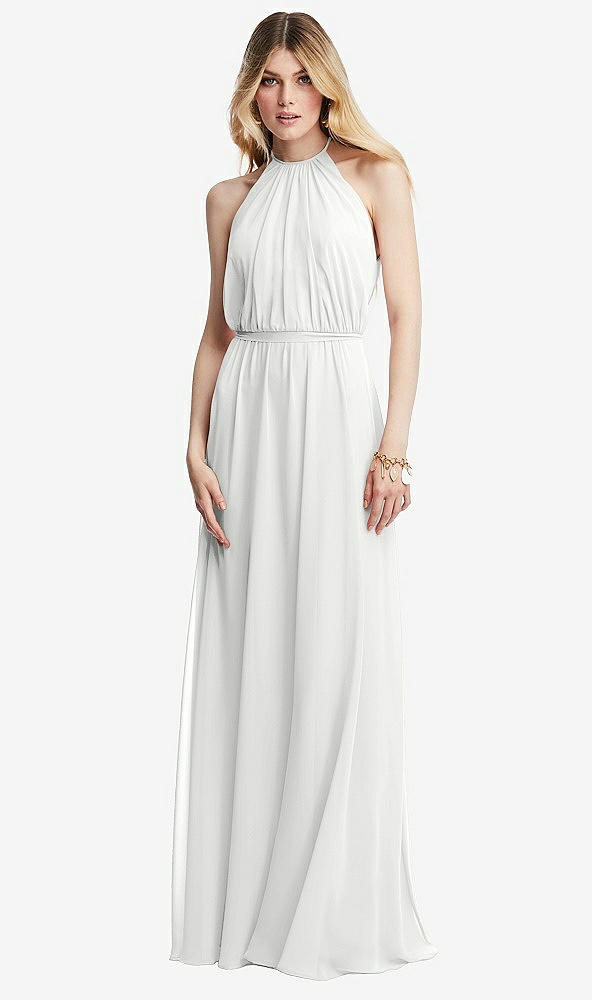 Front View - White Illusion Back Halter Maxi Dress with Covered Button Detail