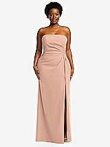 Front View Thumbnail - Pale Peach Strapless Pleated Faux Wrap Trumpet Gown with Front Slit