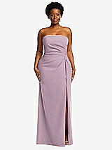 Front View Thumbnail - Suede Rose Strapless Pleated Faux Wrap Trumpet Gown with Front Slit
