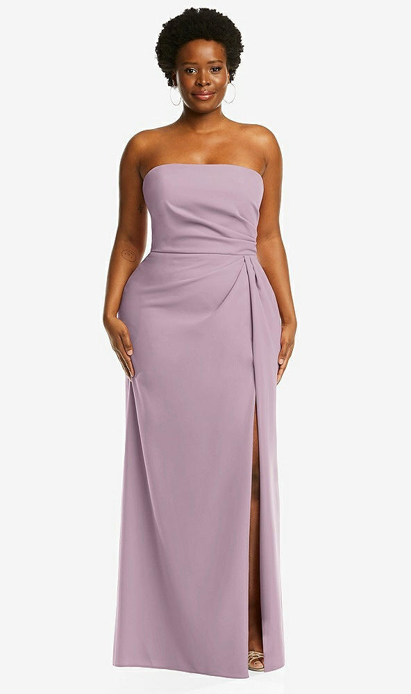 Front View - Suede Rose Strapless Pleated Faux Wrap Trumpet Gown with Front Slit