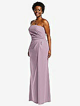 Side View Thumbnail - Suede Rose Strapless Pleated Faux Wrap Trumpet Gown with Front Slit