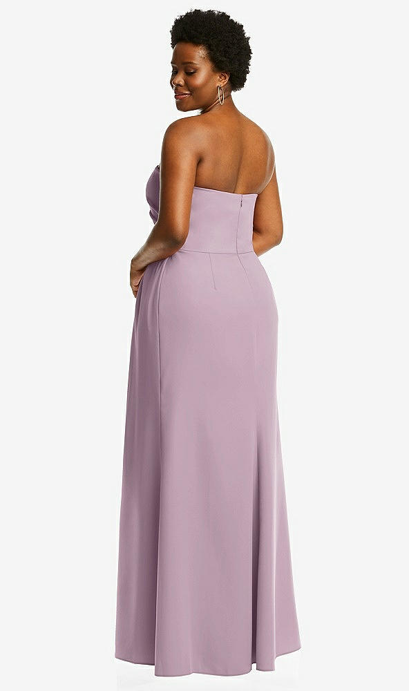 Back View - Suede Rose Strapless Pleated Faux Wrap Trumpet Gown with Front Slit
