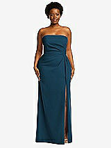 Front View Thumbnail - Atlantic Blue Strapless Pleated Faux Wrap Trumpet Gown with Front Slit