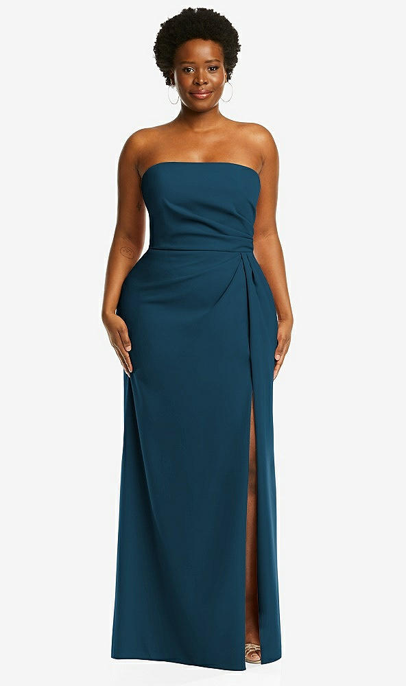 Front View - Atlantic Blue Strapless Pleated Faux Wrap Trumpet Gown with Front Slit