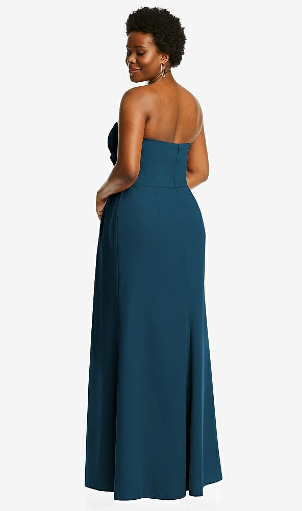 Back View - Atlantic Blue Strapless Pleated Faux Wrap Trumpet Gown with Front Slit