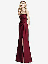 Alt View 2 Thumbnail - Burgundy Strapless Pleated Faux Wrap Trumpet Gown with Front Slit