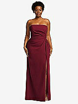Front View Thumbnail - Burgundy Strapless Pleated Faux Wrap Trumpet Gown with Front Slit