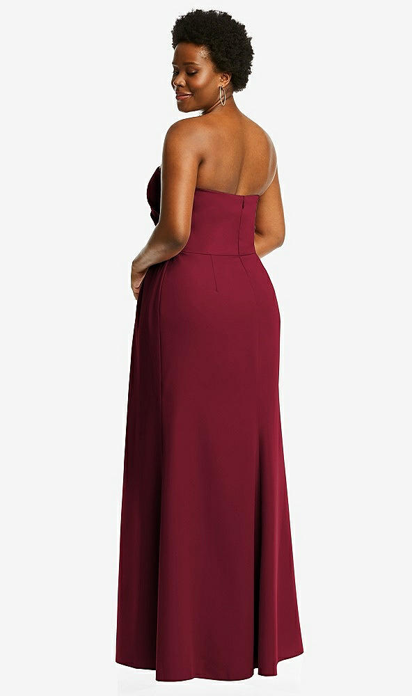 Back View - Burgundy Strapless Pleated Faux Wrap Trumpet Gown with Front Slit