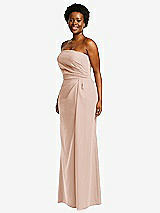 Side View Thumbnail - Cameo Strapless Pleated Faux Wrap Trumpet Gown with Front Slit