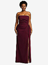 Front View Thumbnail - Cabernet Strapless Pleated Faux Wrap Trumpet Gown with Front Slit