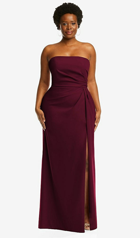 Front View - Cabernet Strapless Pleated Faux Wrap Trumpet Gown with Front Slit