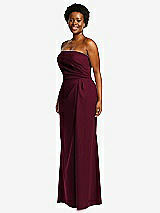Side View Thumbnail - Cabernet Strapless Pleated Faux Wrap Trumpet Gown with Front Slit