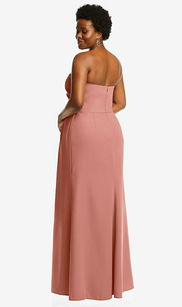Back View - Desert Rose Strapless Pleated Faux Wrap Trumpet Gown with Front Slit