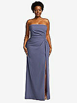 Front View Thumbnail - French Blue Strapless Pleated Faux Wrap Trumpet Gown with Front Slit