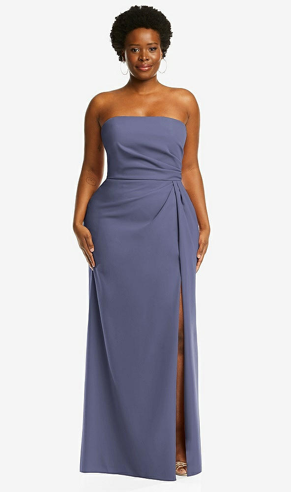 Front View - French Blue Strapless Pleated Faux Wrap Trumpet Gown with Front Slit