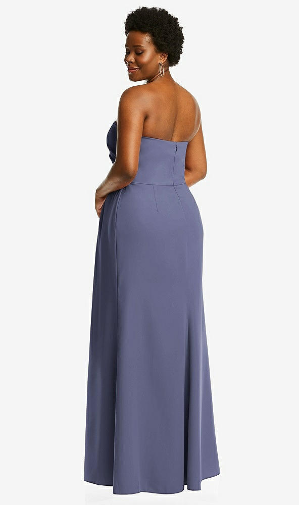 Back View - French Blue Strapless Pleated Faux Wrap Trumpet Gown with Front Slit