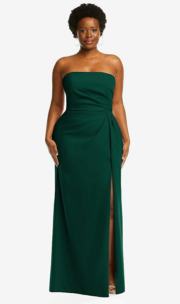 Front View - Hunter Green Strapless Pleated Faux Wrap Trumpet Gown with Front Slit