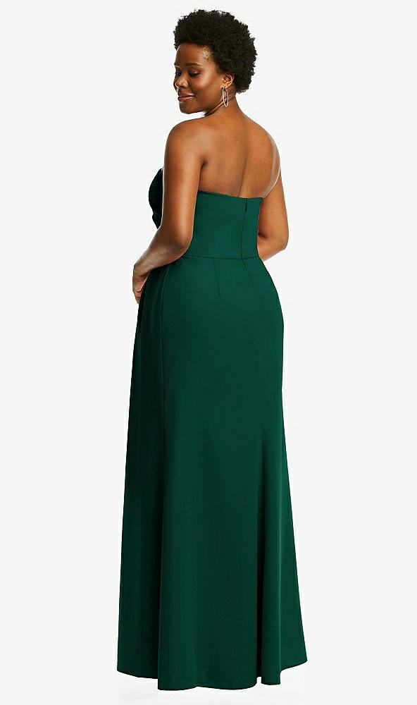 Back View - Hunter Green Strapless Pleated Faux Wrap Trumpet Gown with Front Slit