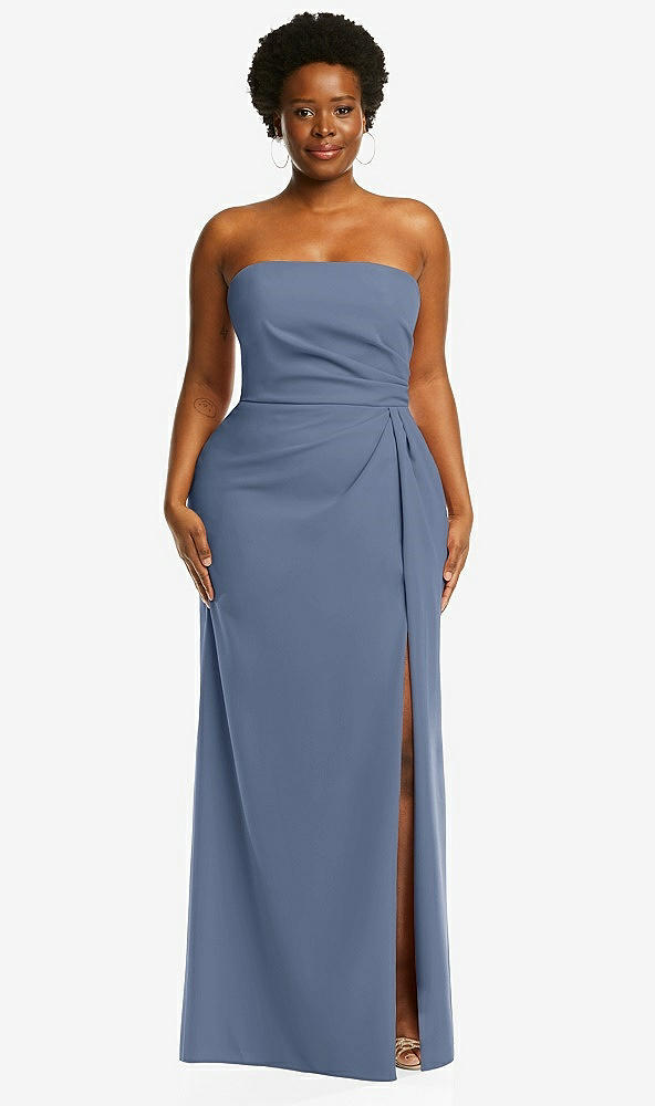 Front View - Larkspur Blue Strapless Pleated Faux Wrap Trumpet Gown with Front Slit