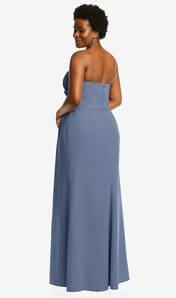 Back View - Larkspur Blue Strapless Pleated Faux Wrap Trumpet Gown with Front Slit