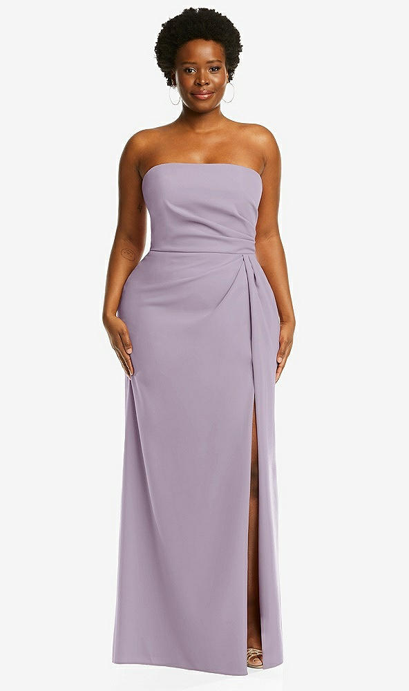 Front View - Lilac Haze Strapless Pleated Faux Wrap Trumpet Gown with Front Slit