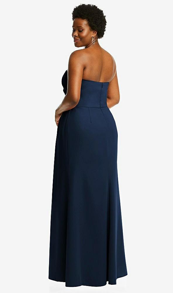 Back View - Midnight Navy Strapless Pleated Faux Wrap Trumpet Gown with Front Slit