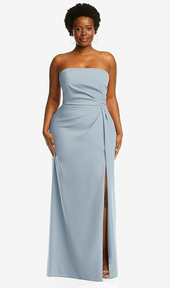 Front View - Mist Strapless Pleated Faux Wrap Trumpet Gown with Front Slit