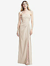Alt View 1 Thumbnail - Oat Strapless Pleated Faux Wrap Trumpet Gown with Front Slit