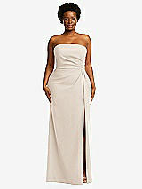 Front View Thumbnail - Oat Strapless Pleated Faux Wrap Trumpet Gown with Front Slit