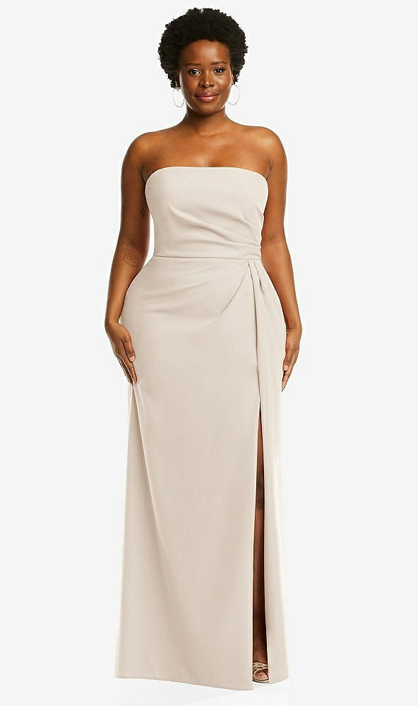 Front View - Oat Strapless Pleated Faux Wrap Trumpet Gown with Front Slit