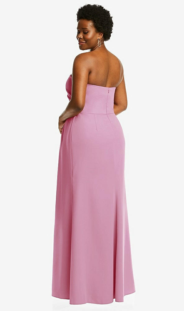 Back View - Powder Pink Strapless Pleated Faux Wrap Trumpet Gown with Front Slit