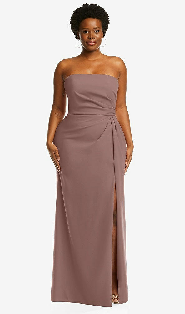 Front View - Sienna Strapless Pleated Faux Wrap Trumpet Gown with Front Slit