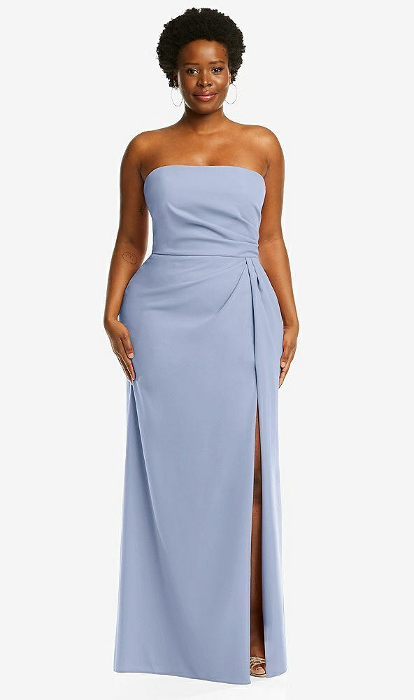 Front View - Sky Blue Strapless Pleated Faux Wrap Trumpet Gown with Front Slit