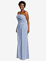 Side View Thumbnail - Sky Blue Strapless Pleated Faux Wrap Trumpet Gown with Front Slit