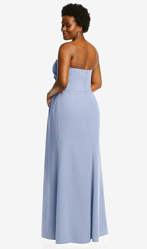Back View - Sky Blue Strapless Pleated Faux Wrap Trumpet Gown with Front Slit