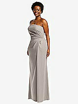 Side View Thumbnail - Taupe Strapless Pleated Faux Wrap Trumpet Gown with Front Slit