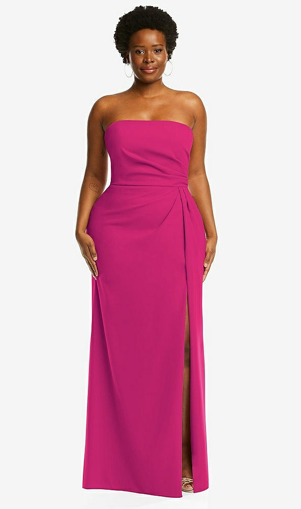 Front View - Think Pink Strapless Pleated Faux Wrap Trumpet Gown with Front Slit