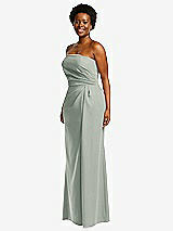 Side View Thumbnail - Willow Green Strapless Pleated Faux Wrap Trumpet Gown with Front Slit