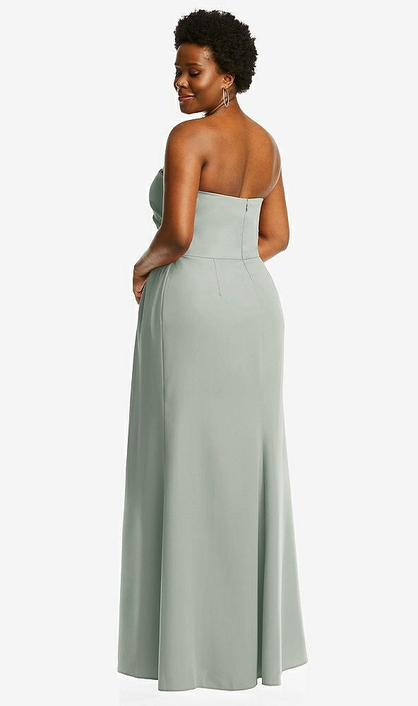 Back View - Willow Green Strapless Pleated Faux Wrap Trumpet Gown with Front Slit
