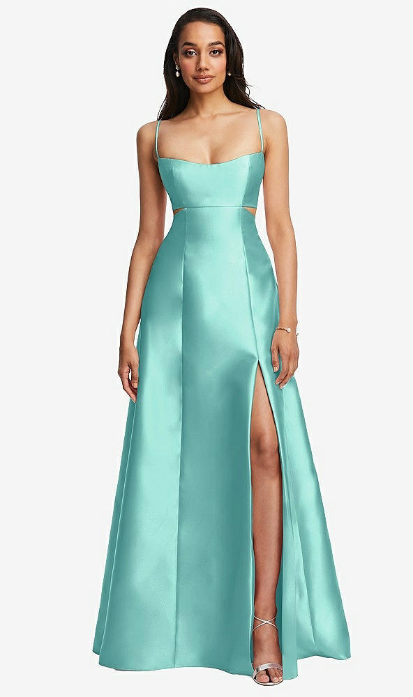 Front View - Coastal Open Neckline Cutout Satin Twill A-Line Gown with Pockets