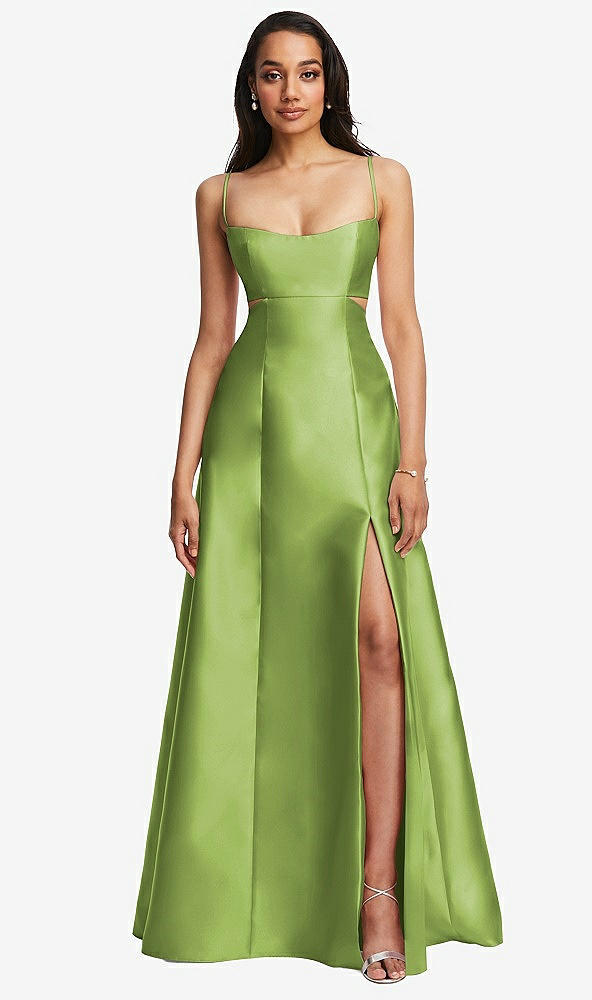 Front View - Mojito Open Neckline Cutout Satin Twill A-Line Gown with Pockets