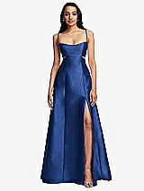 Front View Thumbnail - Classic Blue Open Neckline Cutout Satin Twill A-Line Gown with Pockets