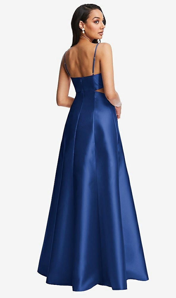 Back View - Classic Blue Open Neckline Cutout Satin Twill A-Line Gown with Pockets