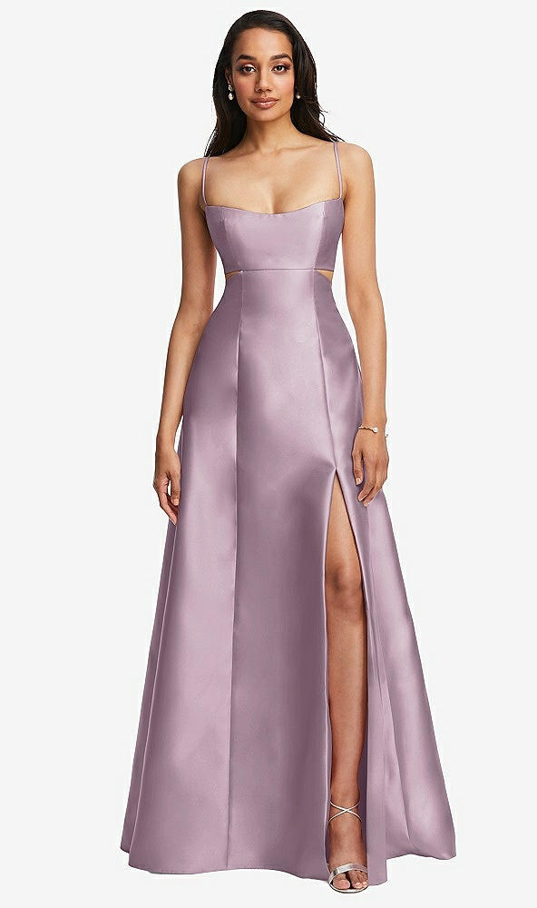 Front View - Suede Rose Open Neckline Cutout Satin Twill A-Line Gown with Pockets